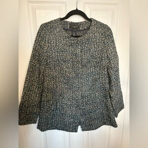 Talbots Tweed Bouclé Jacket – Size 8P (Petite) | Blue & Beige Snap-Front